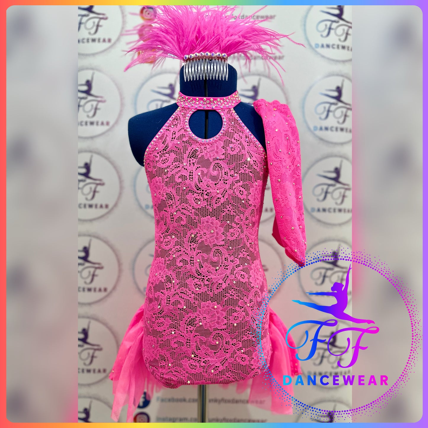 BESPOKE Neon Pink Lace Stoned Modern / Tap / Jazz Dance Costume (Size 1 - 7/8 yrs)