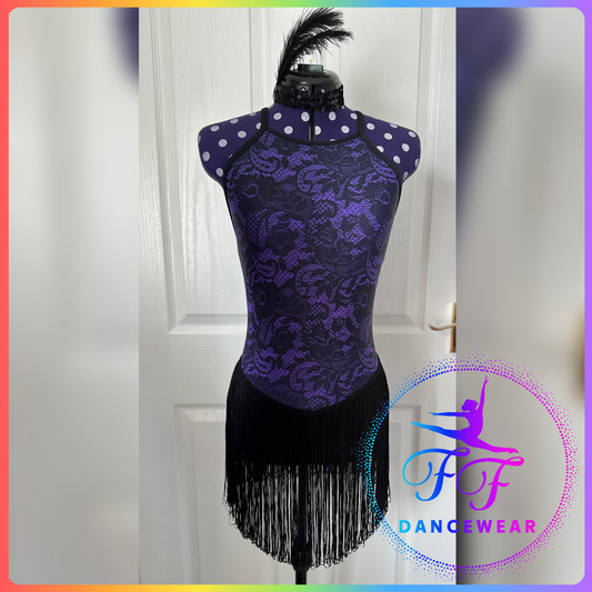 BESPOKE Black & Purple Lace Print Fringed Tap / Modern / Jazz Dance Costume (Adult Small)