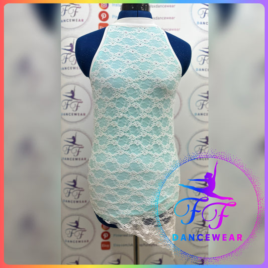 NEW EX-SAMPLE Aqua Blue & White Lace Lyrical / Contemporary Dance Costume (Adult Small)