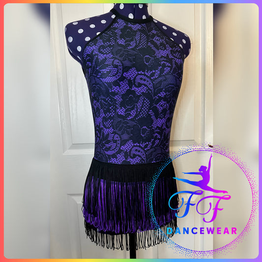 NEW EX-SAMPLE Black & Purple Lace Print Fringed Leotard Modern / Tap / Jazz Dance Costume (Adult Extra Small)