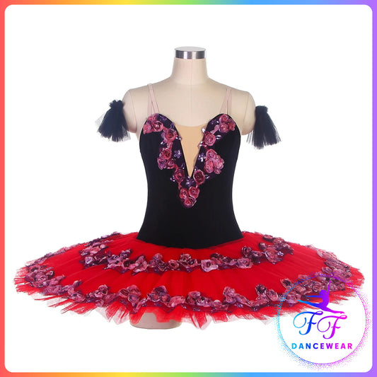 Black & Red Velvet Floral Professional Ballet Pancake Tutu (Child & Adult sizes)