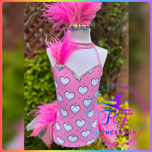 BESPOKE Pink Milkshake Heart Print Modern / Tap / Jazz Dance Costume (Size 0 - 5/6 yrs)