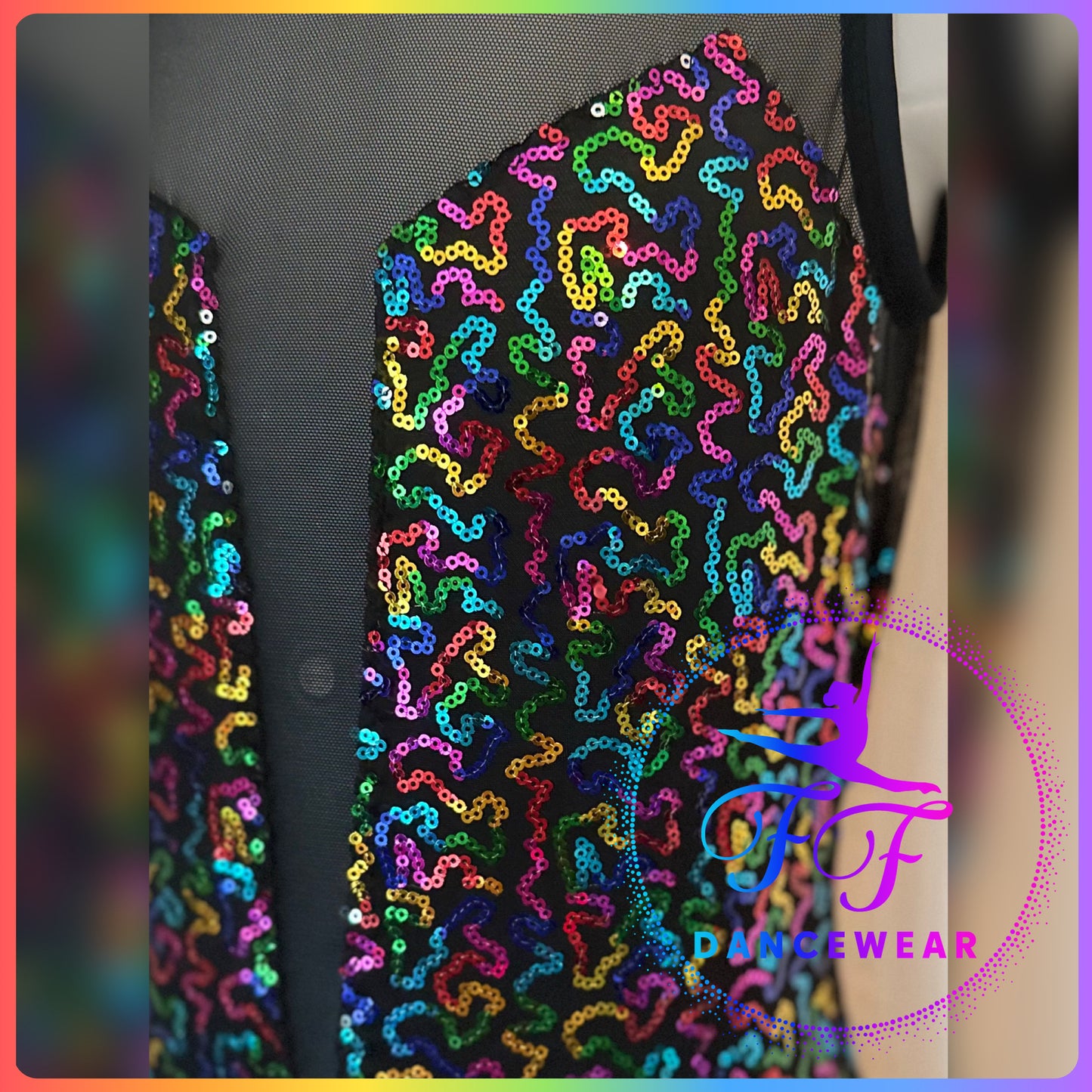 BESPOKE Rainbow Sequin and Black Unitard Dance Costume Modern / Acro (Size 3a - 11/12 yrs)