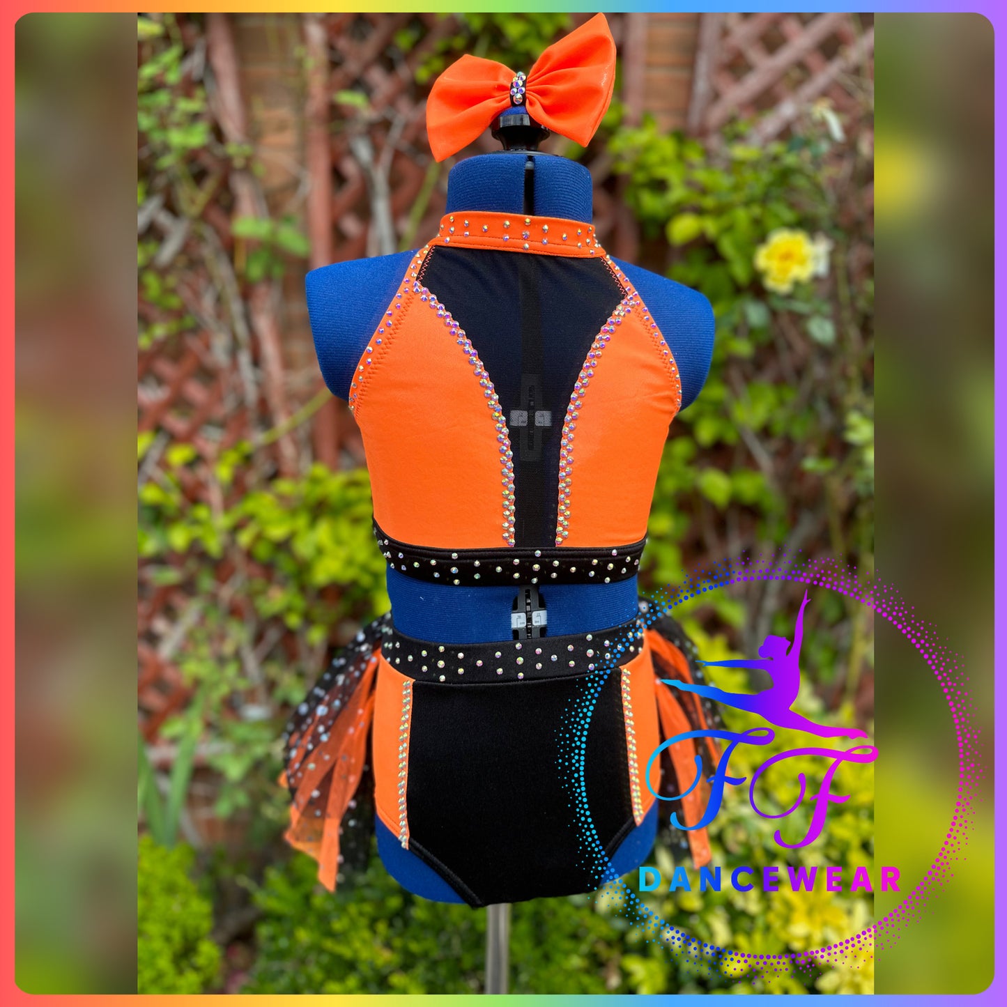BESPOKE Mystique Shine Neon Orange and Black Modern / Jazz / Tap Dance Costume (Size 2 - approx. 9/10 yrs)