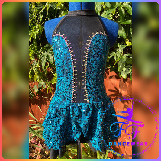 Teal Stretch Sequin Lace Bespoke Modern / Tap Dance Costume (Size 1 7/8yrs)