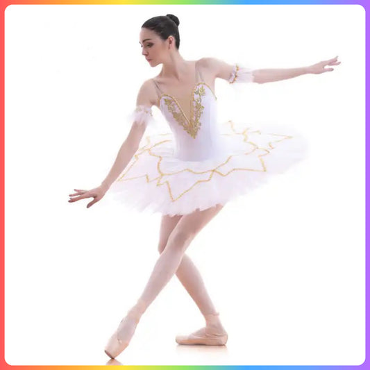 White Classical Gold Trim Professional Ballet Pancake Tutu (Child & Adult Sizes)